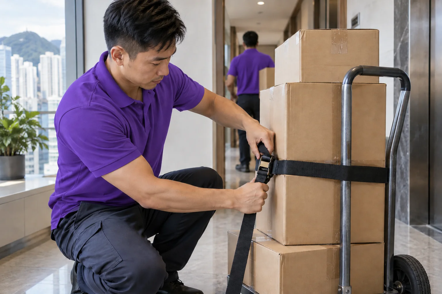 上善服務手推車綁帶固定紙箱服務示意圖