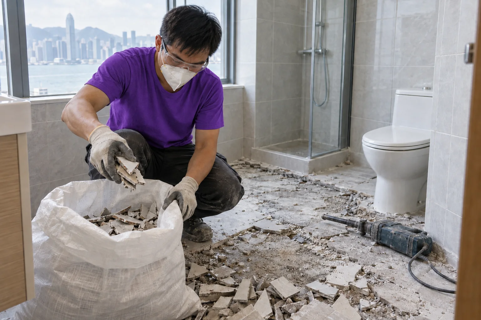 上善服務地磚碎料即時入袋服務示意圖