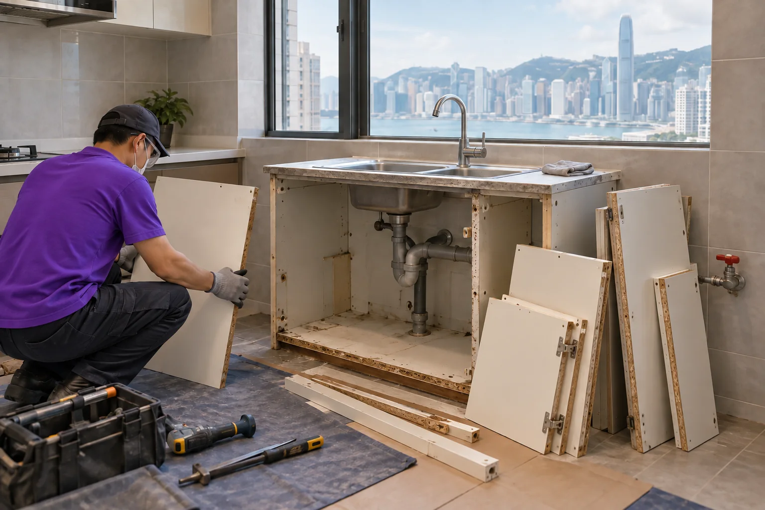 上善服務舊鋅盆櫃分件拆走服務示意圖