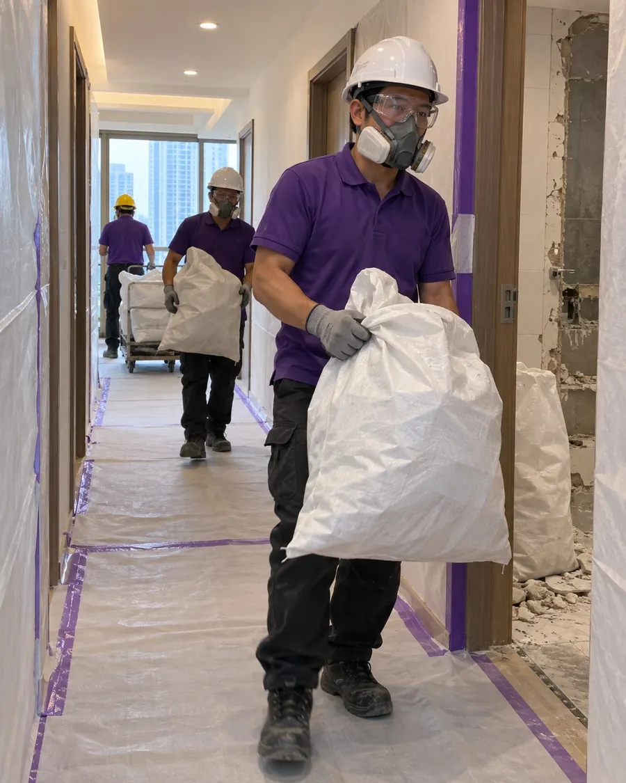 上善服務師傅將拆建廢料裝袋搬走服務示意圖